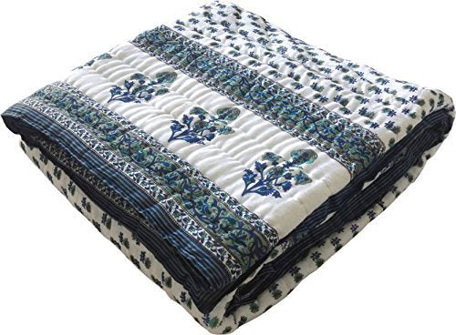 Namastey India Double Bed Size White Jaipuri Cotton AC Quilt Razai Floral Prints for Winters (Blue)