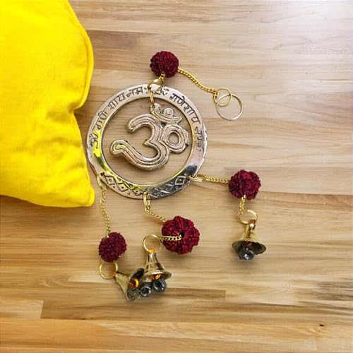 Asha Enchant Decor Brass Symbol Om Rudraksh Wind Chimes for Positive Energy, Perfect for Home Office, balcony, Pooja Room, Temple with Sweet Sound 8 cm Length, 26 cm Height