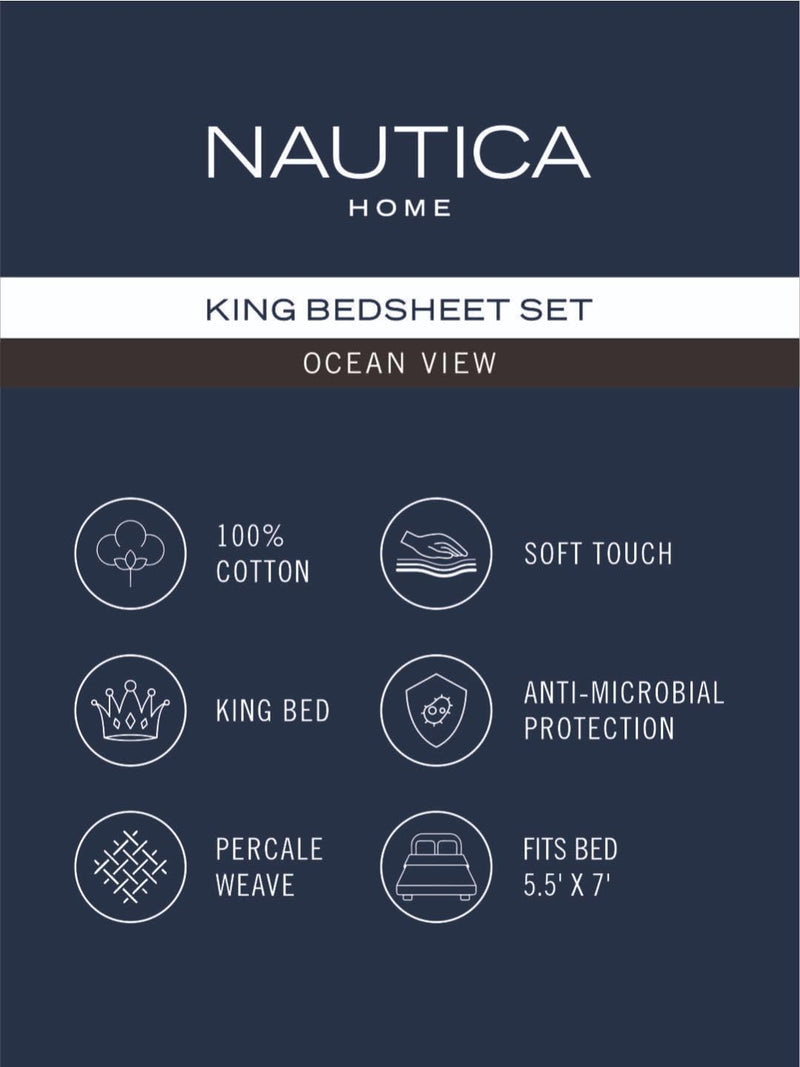 NAUTICA Cotton King Bedsheet with 2 Pillow Covers -3pc Set (Ocean View) Ornamental-Blue