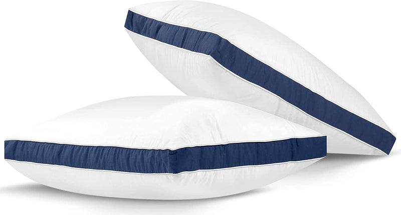 9villa Microfiber Pillow | Gusset Pillow for Sleeping | Luxury Hotel Quality Pillows | with White Micro Peach Fabric & Navy Blue Patti | Size 17 X 27 inches | Set of 2 Peice