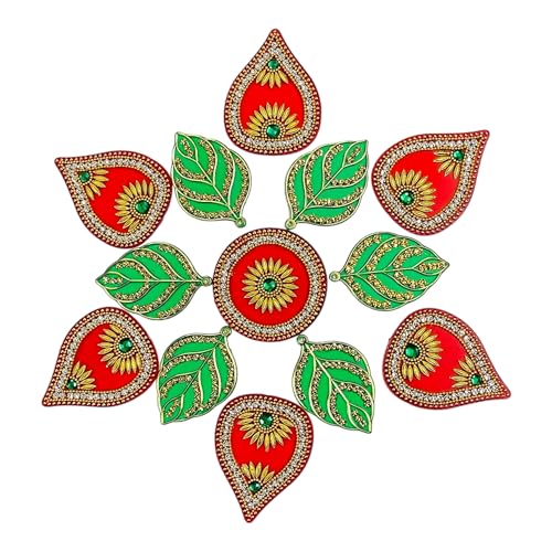 Krisah Acrylic Rangoli, 11 inch Diameter, Red and Green with Floral Design, Reusable Festival Decoration