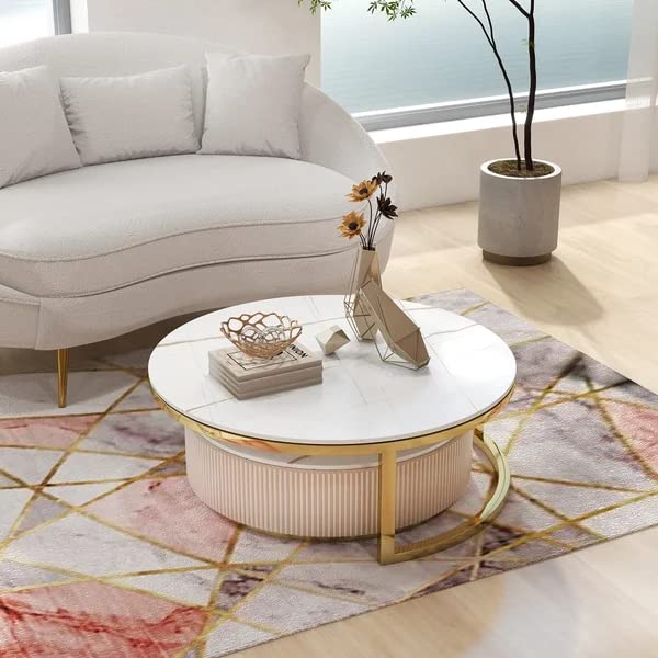 Vandana Interiors Round Modern Stone Top Nesting Coffee Table Fluted with Drawer in White & Gold