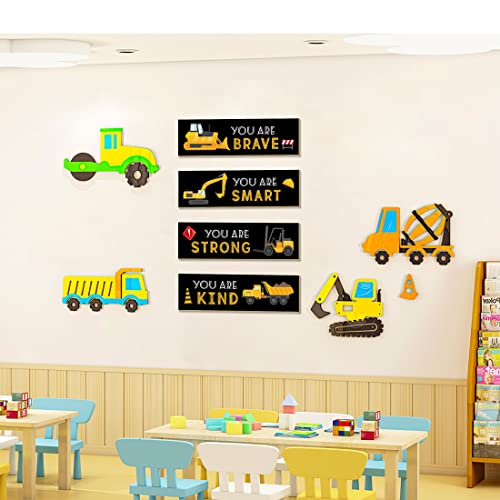 LUHIMO 4 PCS Construction Trucks Theme Room Decor for Boys,Wooden Hanging Wall Pediments for Kids Toddler Boy Playroom Art Inspirational Quotes.