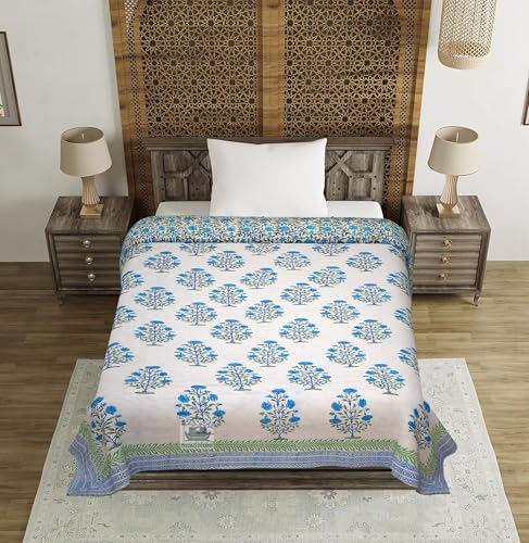 PINAARAS INTERIOR Hand Block Floral Prints Cotton Quilts/Razai/Rajai - FIROZI (Floral, Single Bed)