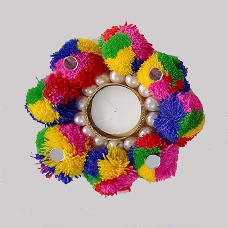 Kesri Gifts Handcrafted Pearls and Pom Poms Decorative Tealight/Diya/Candle Holder/Rangoli Mat/Festive Decor-Set of 2 (Multi Colour)(t22-9-4)