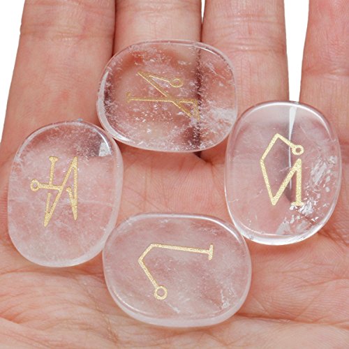 SUNYIK Flat Oval Rock Quartz with Engraved Angel Symbols Palm Stone Worry Stones Set of 4