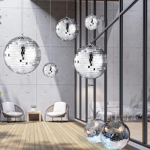 The Glamorous Silver Mirror Disco Balls with Elegant Hanging Rings - Elevate Your Event with These Stunning 12'', 8'', 6'', and 4 Inch