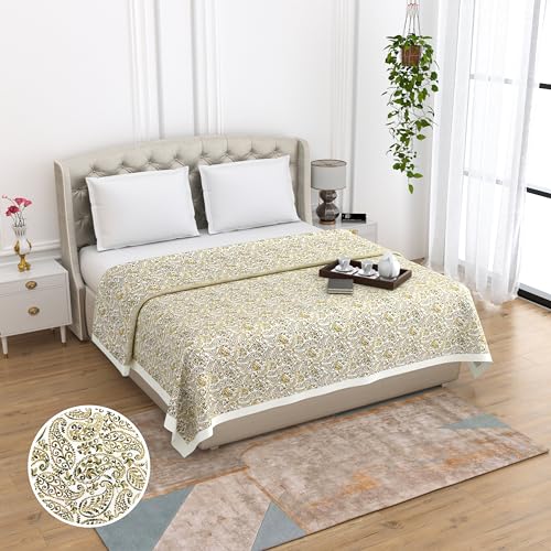 THE LINEN COMPANY Cotton Double Bedsheet with Double Dohar, Reversible AC Blanket with Silk Border | 300 TC Soft Lightweight (Combo Set, Green Paisley)