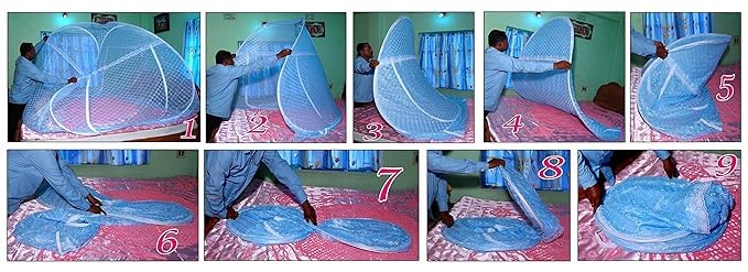 Healthy Sleeping Foldable Pop up Polyester Mosquito Net for Double Bed, Strong & Durable Mosquito Net, King, Queen Size Foldable Machardani (Embroidery Sky Blue 1)