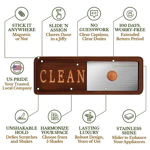 TEYGA Bamboo Dishwasher Clean Dirty Magnet Sign, with Stainless Steel Window - Dishwasher Magnet Clean Dirty, No-Scratch Strong Magnets, 2 Double-Sided Stickers, Dirty Clean Dishwasher Magnet Cover