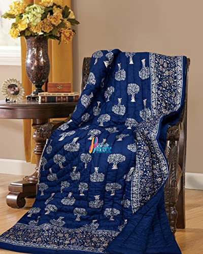 WOODSY Jaipuri Razai Rajasthani Traditional Soft Light Weight Pure Cotton Winter and Summer Rajai Ac Quilt Razai/Rajai/Quilt/Blanket/Dohar/Comforter (Double Bed, Blue Tree Golden)