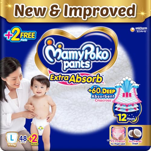 MamyPoko Pants Extra Absorb Baby Diapers, Large (L), 48 count (+2) Free Diaper, 9-14 Kg