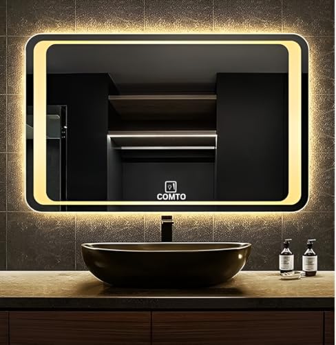 COMTO Glass Wall Mounted Rectangular Led Backlit Bathroom Mirror with Warm and White Light Adjustable and Defogger for Home Office Bedroom Wall Decor - (30X42 Inch)