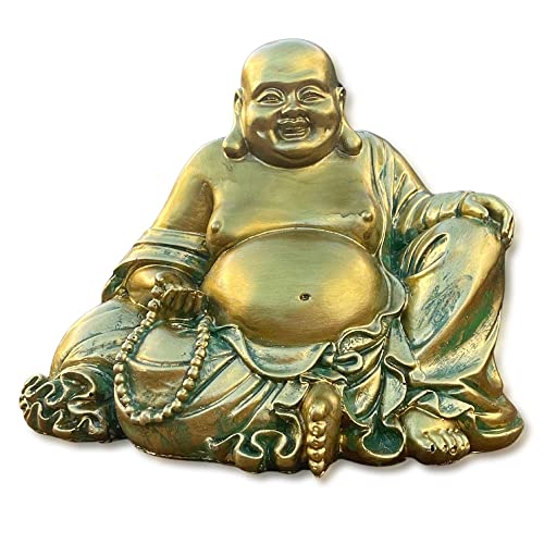 Zensational Happy, Laughing Buddha Statue – 6.5” Inches High - Handmade, Antique Gold Style - for Feng Shui Good Luck, Wealth and Happiness – Essence of Joy