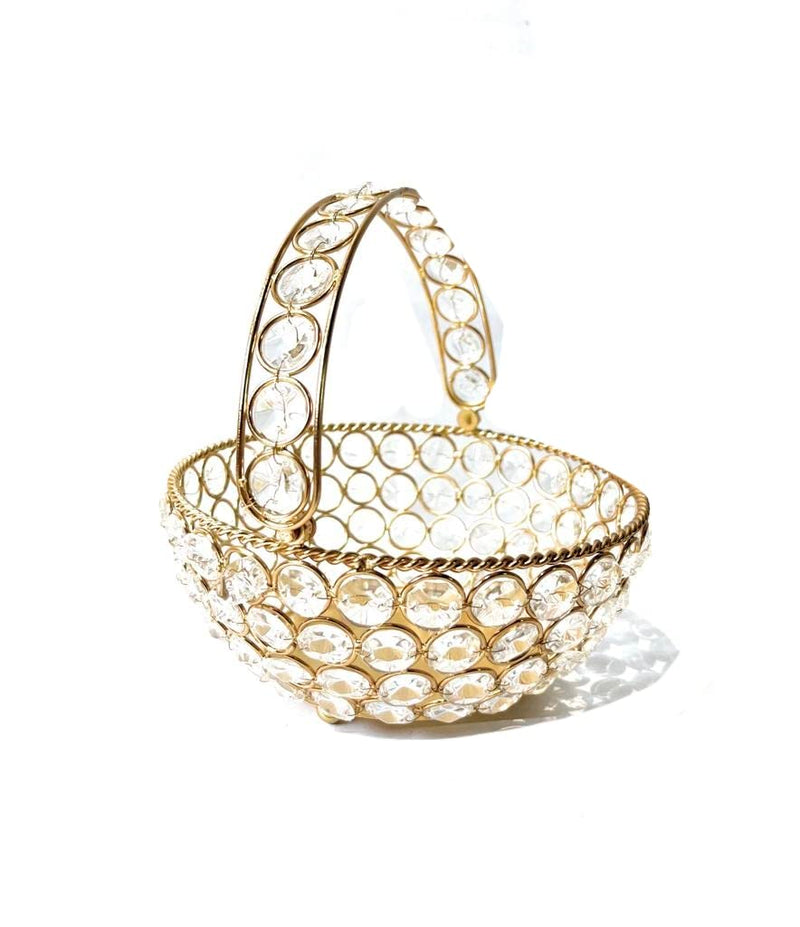 blissful decor Presents Metal Flower Basket (tokari) with Crystal Studded, Decorative Golden Metal Flower Vase for Home Office Gift, (6 Inch Diameter) Without Flower