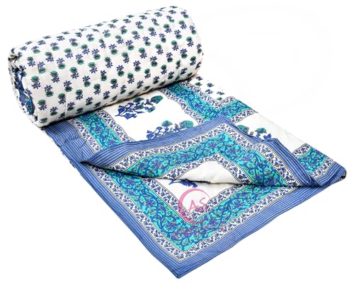 EMIOUR 400 GSM Soft Light Weight Rajasthani Traditional Jaipuri Hand Block Print Summer and Winter Cotton Double Bed Quilt Razai [Double Bed 90 X 105 Inch] Blue