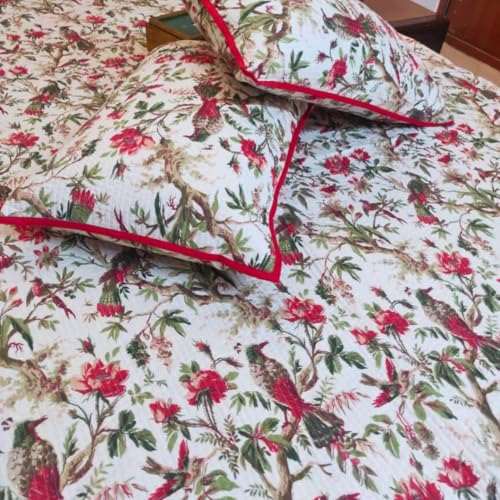 COTTON CASTLE Anokhi Quilted Bedcover Reversible Bedsheet with Pillow Cover Floral Design Suitable Bedsheet for Double Bed Sze: King Size (Size-100×108") (Ivory with Red)