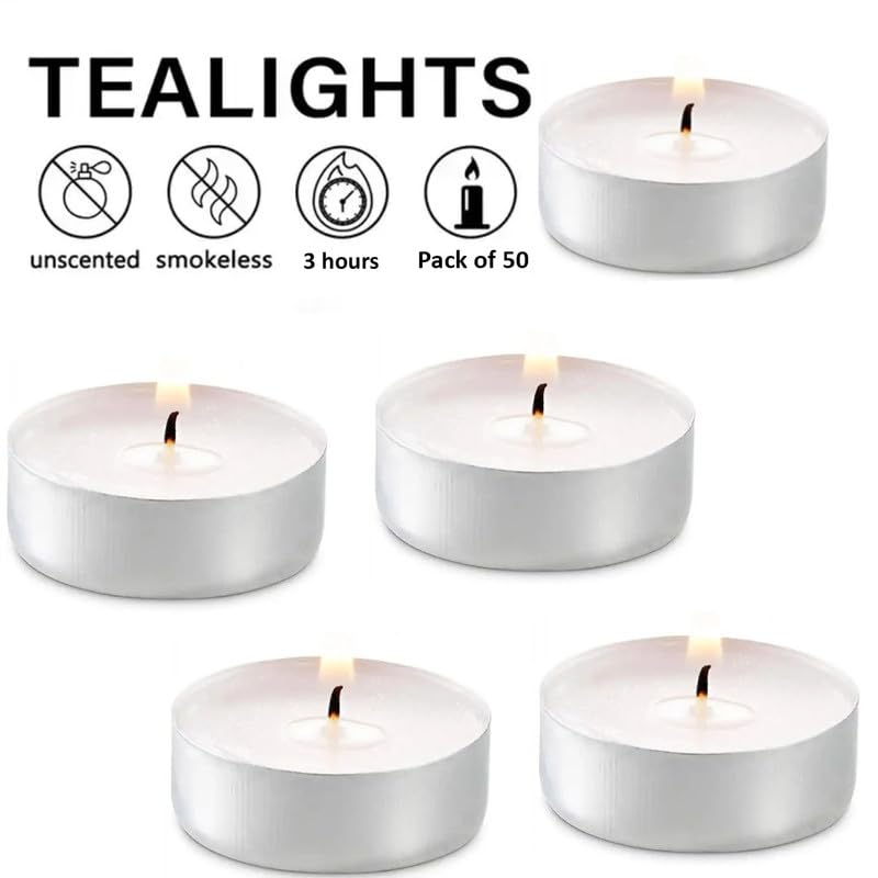 Candles Paraffin Wax Tea Light Set of 50-3 Hour Burn Time, 100% Paraffin Wax with Aluminum Cups - Perfect for Weddings, Parties, Special Events, and Festive Celebrations