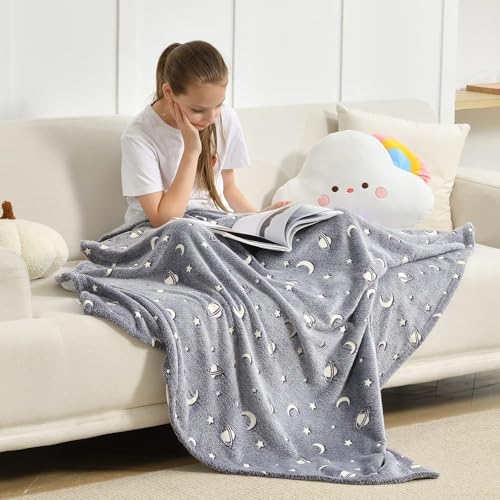 Prostuff.in® Super Soft Fuzzy Fluffy Plush Furry Fleece Glow in The Dark Throw Glowing Blanket with Galaxy Moon Star Pattern All Seasons Blanket for Kids Multicolour 1 Pcs (Size- 50x 60inch)