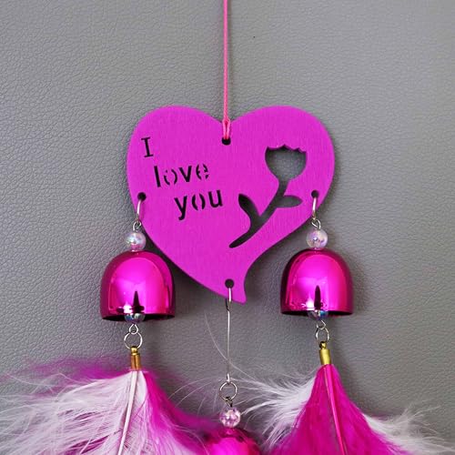 Spillbox Wall Hanging for Home Décor|Dream Catcher I Love You Heart-Shaped Wind Chime with Bells and Feathers Hanging|Amulet for Car, Home and Office[Wind Chime] (Hot Pink)