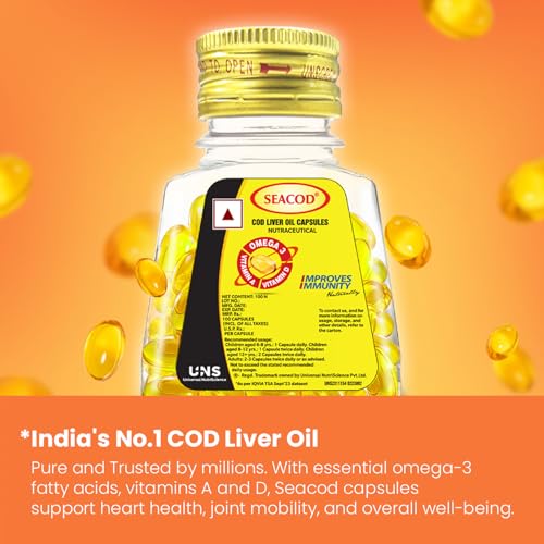 Seacod Cod Fish Liver Oil 100 softgel Capsules With Natural Omega 3, Natural EPA & DHA |Vitamin D & A | For Immune Health, Healthy Heart, Brain, Eyes, Joints & Muscles- Pack of 100 Capsules