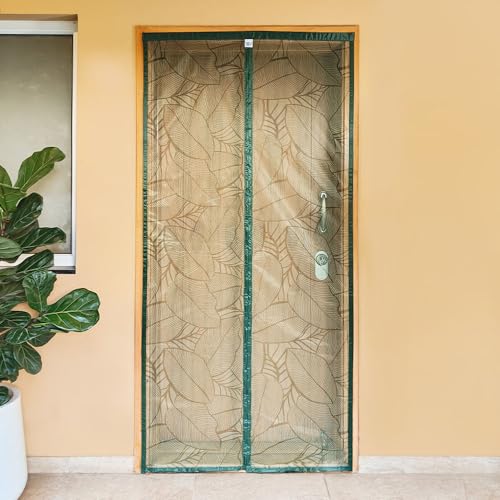 TurtleGrip Door Mosquito Net Curtains with Magnet's New Leaf Pattern. Full Frame Hook & Loop for Main Doors, Bedroom, Kitchen & Balcony Doors(190x90cm,ForestGreen)