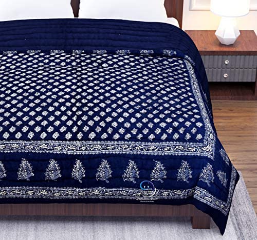 LushHavenDecor Jaipuri Razai Double Bed Gold Print with Computerized Quilting Use as Soft and Breathable Cotton Comforter Quilt Rajai Blanket Dohar Size 85X100 inch Blue Pack of 1