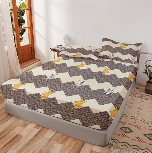 DREAMLET Bedsheet for King Size, Fitted Bedsheet for King Size Bed, King Size Bedsheet, 210 TC Glace Cotton Bedsheet with 2 Pillow Covers (Fitted, Grey and Yellow)