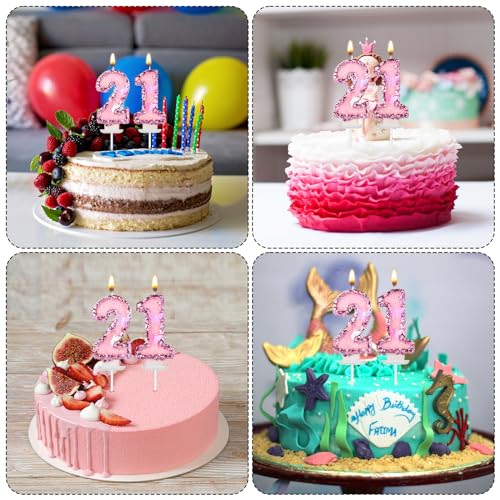 Birthday Number 21 Candles, 2.95in Glitter Butterfly Happy Birthday Cake Toppers Pink Sequins Wedding Numeral Cupcake Decorations for Anniversary Celebration Party Supplies (21th)