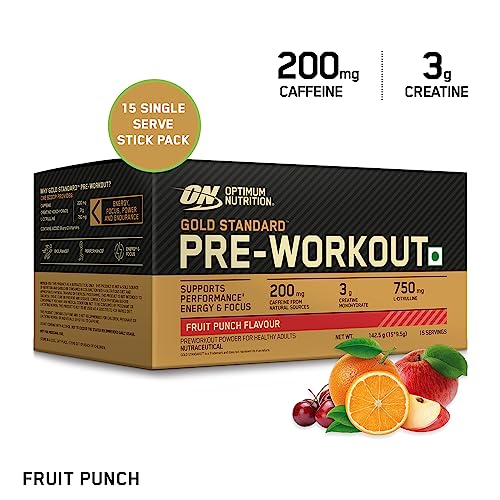 Optimum Nutrition (ON) Gold Standard Pre-Workout- 142.5g/15 single serve packs (Fruit Punch Flavor), For Energy, Focus, Power, Endurance & Performance