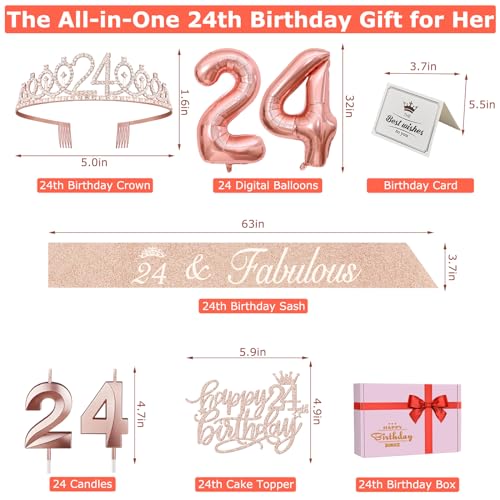 24th Birthday Decorations for Women Including 24th Birthday Sash, Tiara/Crown, Numeral 24 Candles and Cake Topper, Rose Gold Numeral 24 Balloons, 24th Birthday Gifts for Women