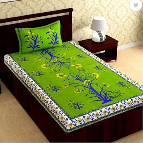 104 Tc Pure Cotton Single BedSheet with Two Pillow Covers | 60 X 90 Inches | EXLSG-127 | Green