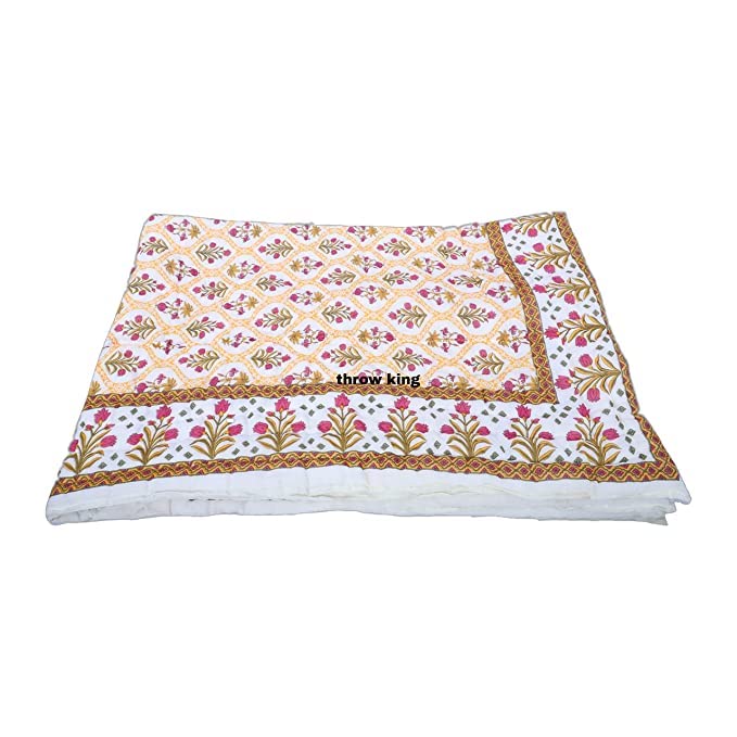 THROW KING Rajasthani Reversibel Single Bed Jaipuri Pure Organic Cotton And Can Use in Both Summer And Winter Mughal Desing Printed Soft Cozy & Breathable Jaipuri Razai/Rajai/Quilt/Blanket/Dohar/Duvet (Size-90X60)(Yellow/Maroon) Pack of 2 (TRW_A24)