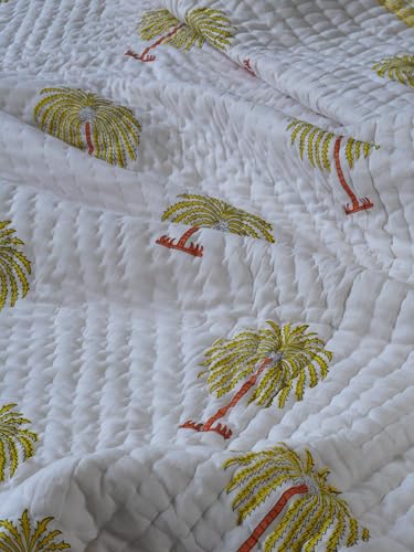 THE JAIPUR WALA Premium Hand Block Printed Organic Cotton Mulmul Quilt, 100% Surgical Cotton Filling (Palm) (Double)