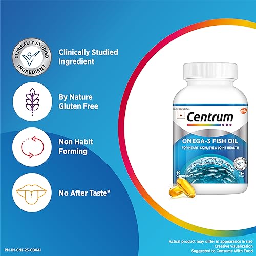 Centrum Omega-3 Fish Oil (60 Capsules) with EPA & DHA to support Joint, Heart, Skin, Eye, Brain, Hair & Muscle Health | World's