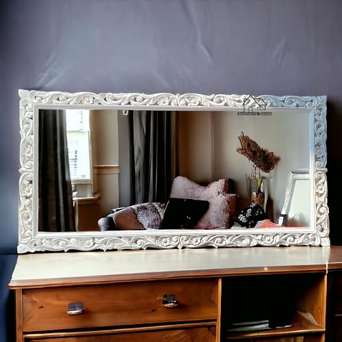 AESTHETIC DECOR 4x2.5 Wooden Carved Wall Mirror Frame Solid Wood, | with Out Mirror | Flower (Deco white,