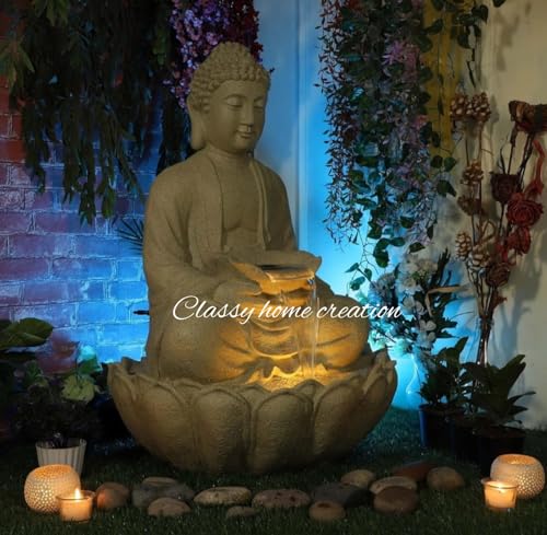 Classy Home Creation Garden Fountain with LED Light, Buddha Statue, Decorative Water Feature, Buddha Kamal Fountain 3 FEET Fiber (Multicolour)