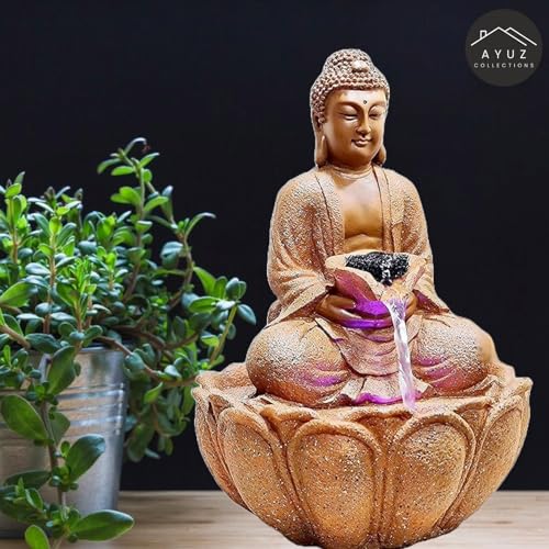 AYUZ Collections Presents Lotus Buddha Water Fountain Tranquil Water Feature with Led Lights,Tabletop Water Fountain for Home, Office, Living Room Decor (Brown) 15.5 Inches