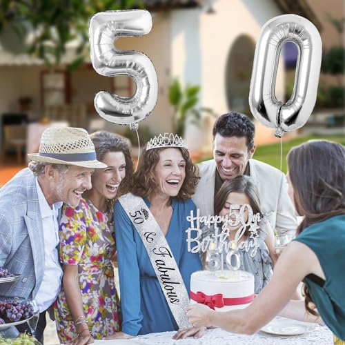 50th Birthday Decorations Women Include Silver 50th Birthday Tiara and Sash, Silver 50th Birthday Candles and Cake Topper, Silver 50th Birthday Balloons for 50th Birthday Gifts Women