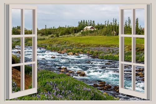 JVERF - JZZA22730 Iceland Stones Grasslands Stream| Self-Adhesive Open Window Wall Sticker