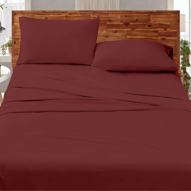 linenaffairs Cotton Bedsheets Set, 144 Thread Count, King - 102x108 Inch, Bed Sheet 3 Piece Sets, Flat Bedsheet with Pillow Cover Comfy Breathable & Cooling Sheets Best for Summer - Burgundy