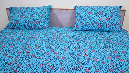 Miyanbazaz Textiles 100% Cotton Double Bedsheet with 2 Pillow Covers - Multi (Sky Blue)