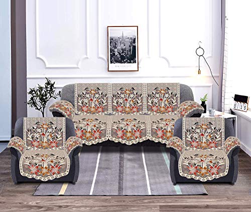 Kuber Industries Floral Design Cotton 5 Seater Sofa Cover Set with 6 Pieces Arms Cover|Premium Cotton & Flower Print|Pack of 16 (Brown)