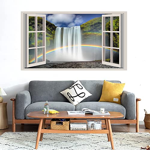 GADGETS WRAP Printed Wall Decal Sticker Fake Window Style Decal (90cm x 50cm) - Waterfall Rainbow Forest