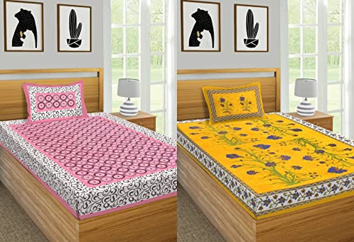 VNV Creation® Single Bed Cotton Fabric Rajasthani Jaipuri Printed Bedsheet Combo Pack 2 Bedsheet with 2 Pillow Cover-(Chakri-Pink+Kashmirkali-Yellow)