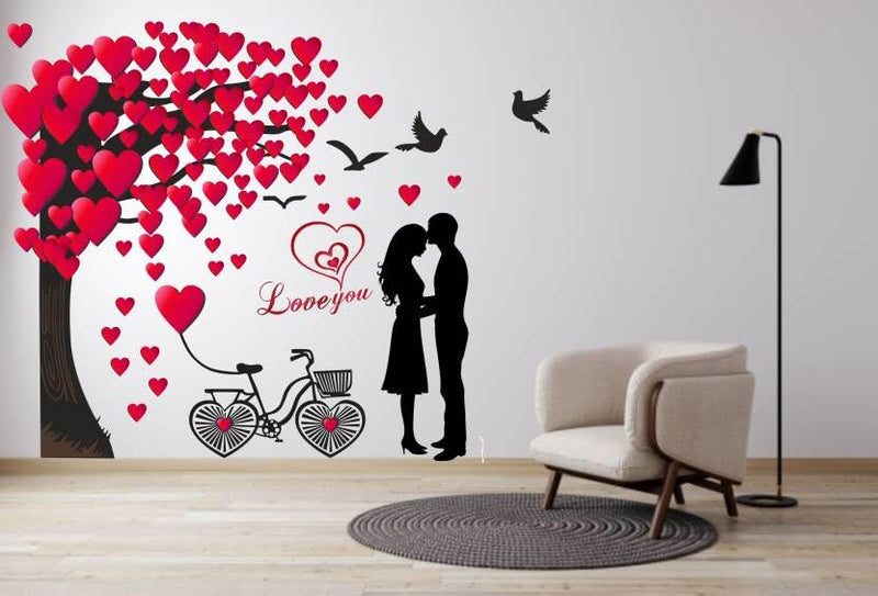 Romantic Couple Under The Heart Leaves Tree and Love Quote with Bicycle' Wall Self Adhesive Sticker