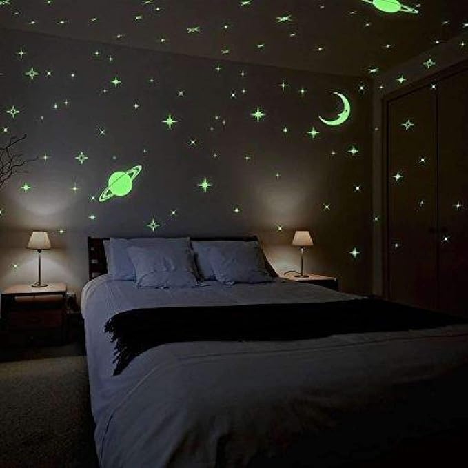 Aarcode Night Glowing Radium Stars and Moon Stickers,Glow in The Dark Big and Small Night Radium Star Wall Ceiling Radium Stickers for Bedroom & Kids Room(Pack of 143) (NightGlow)