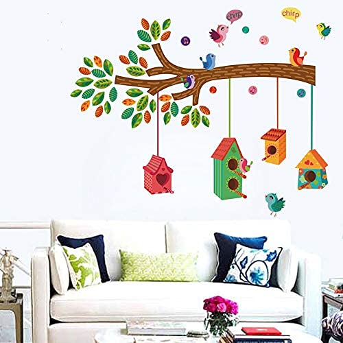 Ghar Kraft Pvc Vinyl Wall Self-Adhesive Sticker Sunset Swan | Flower Vase Red | Bird House On A Branch | Bird House On A Branch | Bird House On A Branch | Branches And Cages, Set Of 4