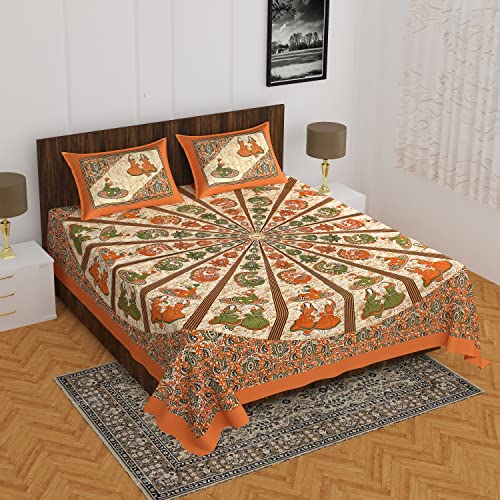 The Trendy Mart Cotton Double Bedsheet Jaipuri/Sanganeri Printed Bedsheets with Pillow Cover, Dandiya Ras