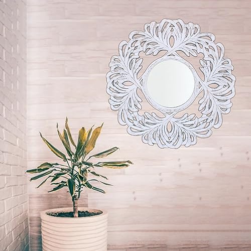 SHAN HANDICRAFTS Hand Carved Round Wooden Mirror Frame for Wall Décoration of Living Room, Bedroom, Bathroom, Hallway, Office etc. MDF 24x1x24 inch